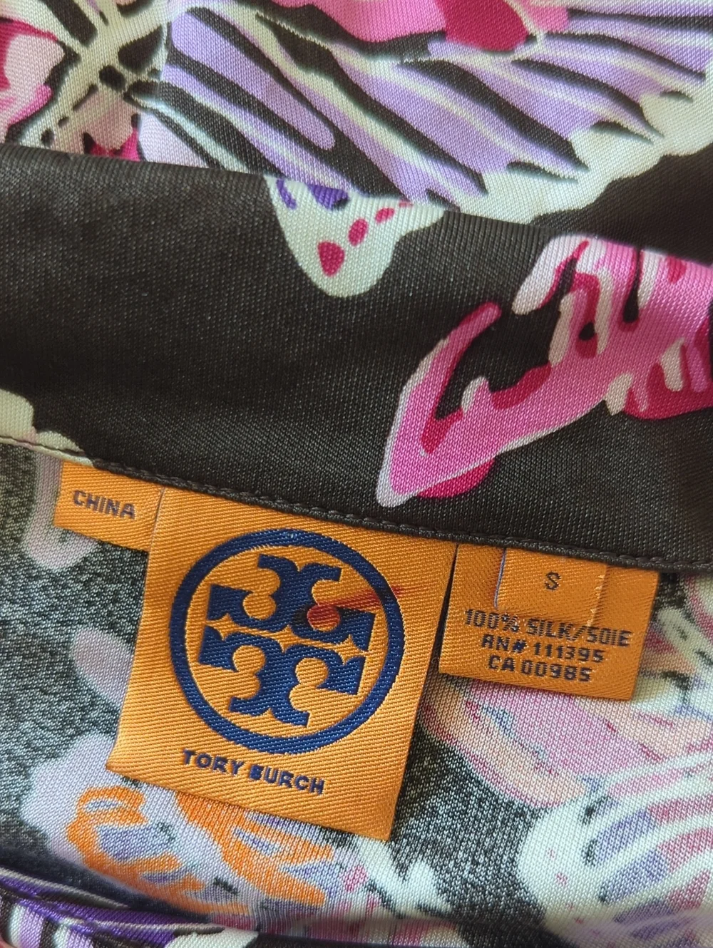 Tory Burch Silk Butterfly Print Long Sleeve Tunic - Brown with Pink & Purple